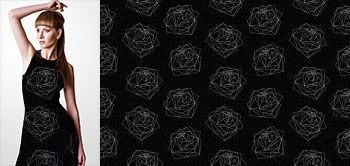 10009v Materiał ze wzorem stylizowane liniowe róże na tle siatki z białych kropek